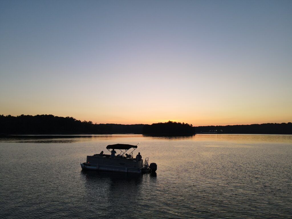 TriToon Boat at Sunset on Lake Blue Ridge